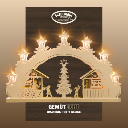 weigla - Schwibbogen LED original Erzgebirge 7 flg. Weihnachtsmarkt - Lichterbogen Weihnachten - 7 x 34 V, 0,2 W, E10 - Weihnachtsdeko innen - Schwibbogen aus Holz von weigla