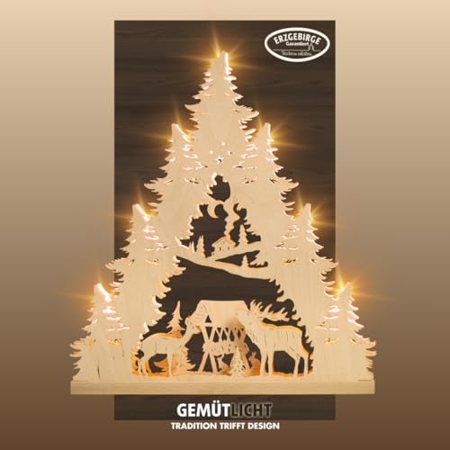 weigla - Lichterspitze original Erzgebirge I Motiv Hirschfamilie I Lichterbogen Weihnachten I 7 Lampenkerzen + 1 Ersatzlampe I 7 x 34 V, 3 W, E10 I beleuchtete Weihnachtsdeko innen I aus Holz von weigla