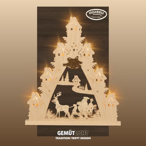 weigla - Lichterspitze original Erzgebirge I Motiv Weihnachtsmann auf Schlitten I Lichterbogen Weihnachten I 7 Lampenkerzen + 1 Ersatzlampe I 7 x 34 V, 3 W, E10 I Weihnachtsdeko innen I aus Holz von weigla