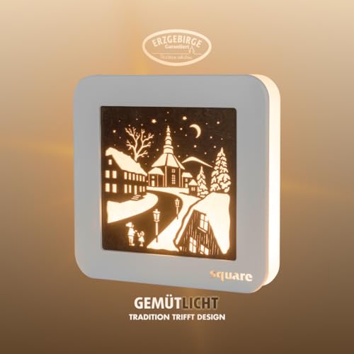 WEIGLA - SQUARE Standbild LED original Erzgebirge I Motiv Seiffen l Dekobild beleuchtet I Stimmungslicht Batterie und Timer I Weihnachtsdeko innen I Weihnachtsbeleuchtung aus Holz von weigla