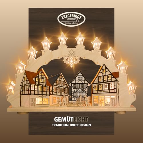 weigla - Schwibbogen original Erzgebirge I Motiv Altstadt I LED Lichterbogen Weihnachten I 15 Lampenkerzen + 1 Ersatzlampe I 15 x 16 V, 0,2 W, E10 I beleuchtete Weihnachtsdeko innen I aus Holz von weigla