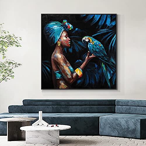 Afrikanische Frauen Gesicht Bild Wandkunst Leinwand Malerei Farbe Papagei Kunst Poster Wohnzimmer Dekoration 60x60cmx1 Stück Innenrahmen von weiling