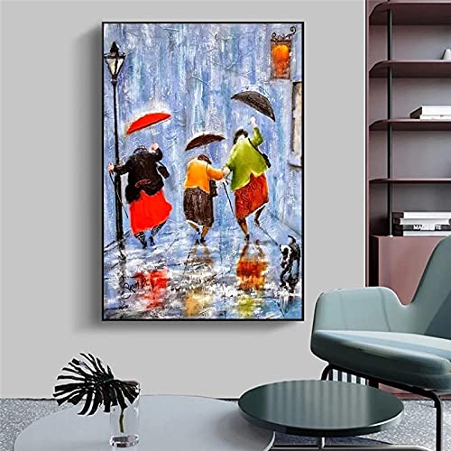 Drei tanzende Mädchen im Regen Malerei Poster Leinwand Wandkunstdrucke moderne Heimtextilien unter Regenschirm 30x40cmx1 Stück rahmenlos von weiling