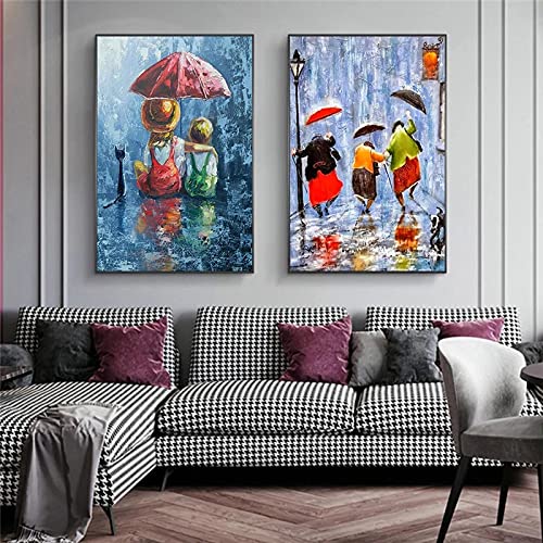 Junge und Mädchen im Regen unter Regenschirm Bild Paar Malerei Poster Wandkunst Leinwanddruck moderne Heimtextilien 40x60cmx2 Stück rahmenlos von weiling