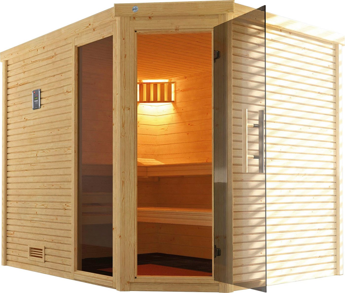 weka Sauna Cubilis, BxTxH: 248 x 198 x 205 cm, 45 mm, (Set) 7,5 kW Bio-Ofen mit digitaler Steuerung von weka