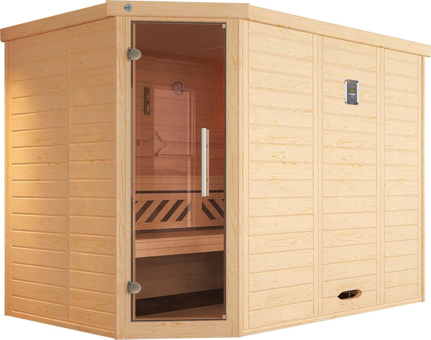 weka Sauna Kemi, BxTxH: 245 x 195 x 200 cm, 45 mm, (Set) 7,5 kW Bio-Ofen mit digitaler Steuerung von weka