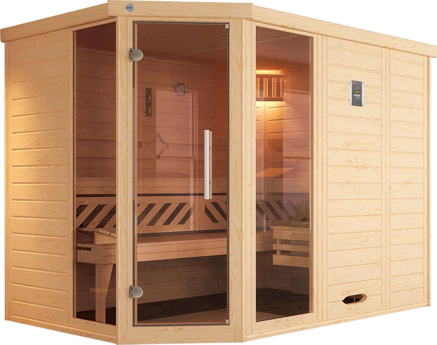 weka Sauna Kemi, BxTxH: 245 x 195 x 200 cm, 45 mm, (Set) 7,5 kW-Ofen mit digitaler Steuerung von weka