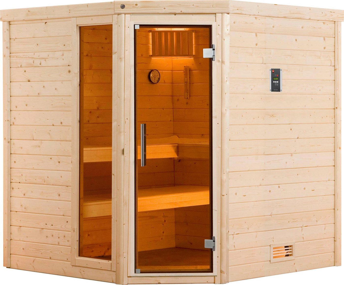 weka Sauna Turku, BxTxH: 198 x 198 x 205 cm, 45 mm, (Set) 7,5 kW Bio-Ofen mit digitaler Steuerung von weka