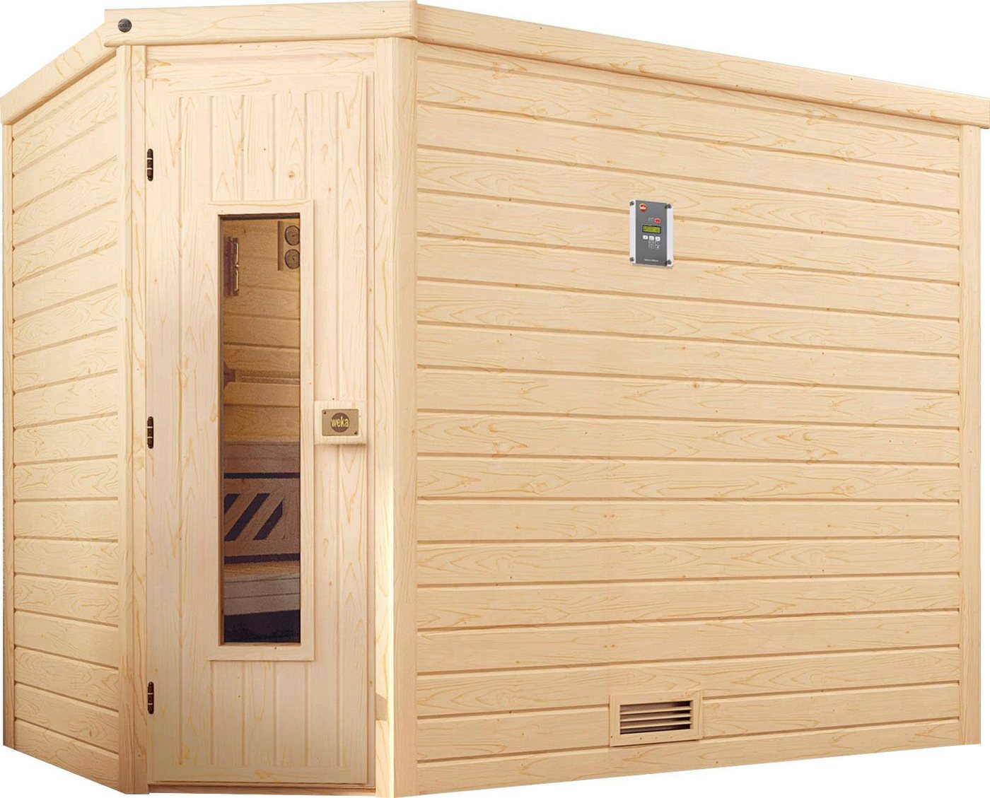 weka Sauna Turku, BxTxH: 248 x 198 x 205 cm, 45 mm, (Set) 7,5 kW Bio-Ofen mit digitaler Steuerung von weka
