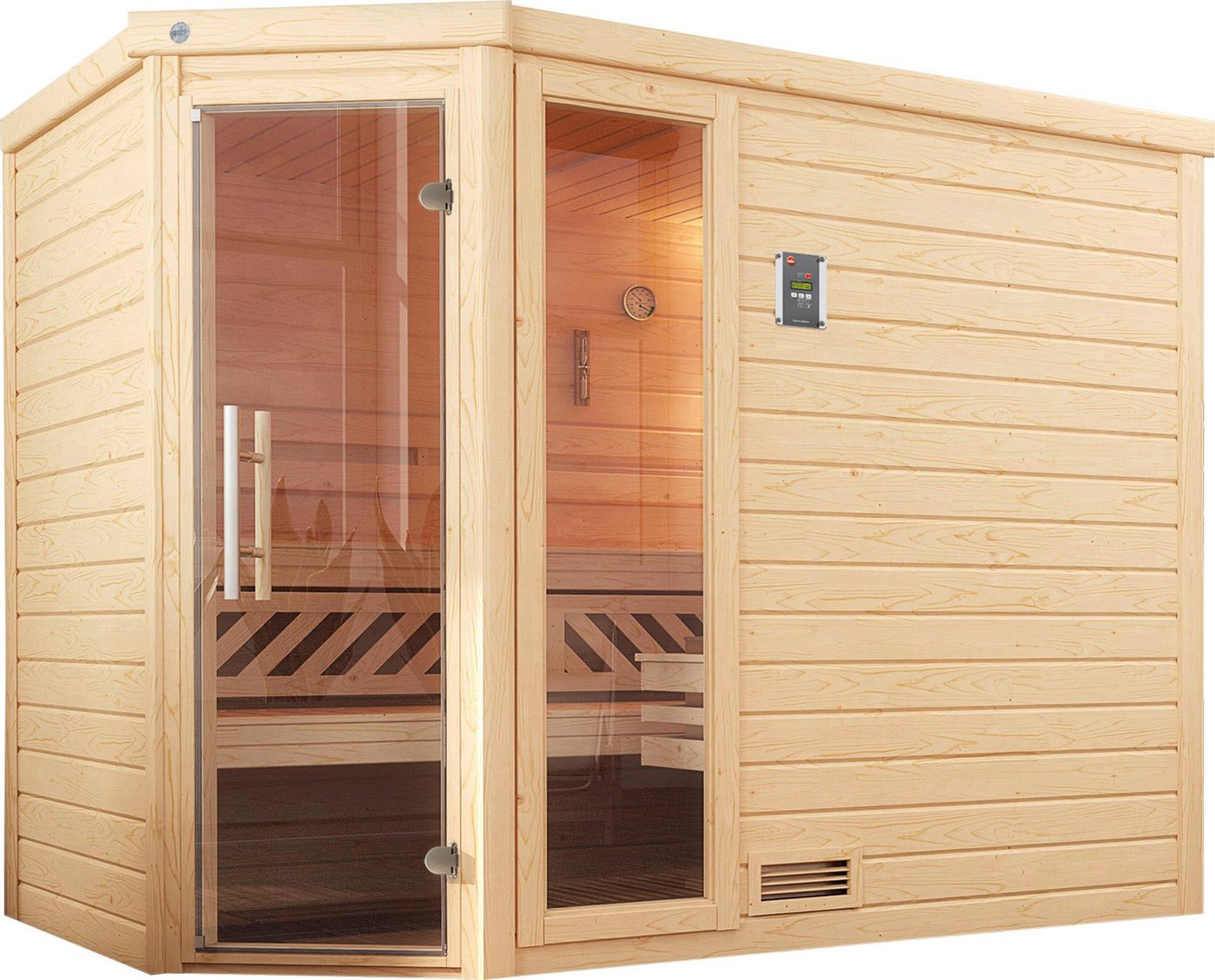 weka Sauna Turku, BxTxH: 248 x 198 x 205 cm, 45 mm, (Set) 7,5 kW Bio-Ofen mit digitaler Steuerung von weka