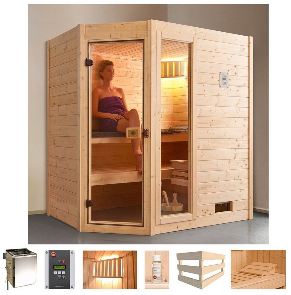 weka Sauna Valida Eck 1, BxTxH: 189 x 139 x 203,5 cm, 38 mm, 4,5 kW Bio-Kombiofen mit ext. Strg., Fenster von weka