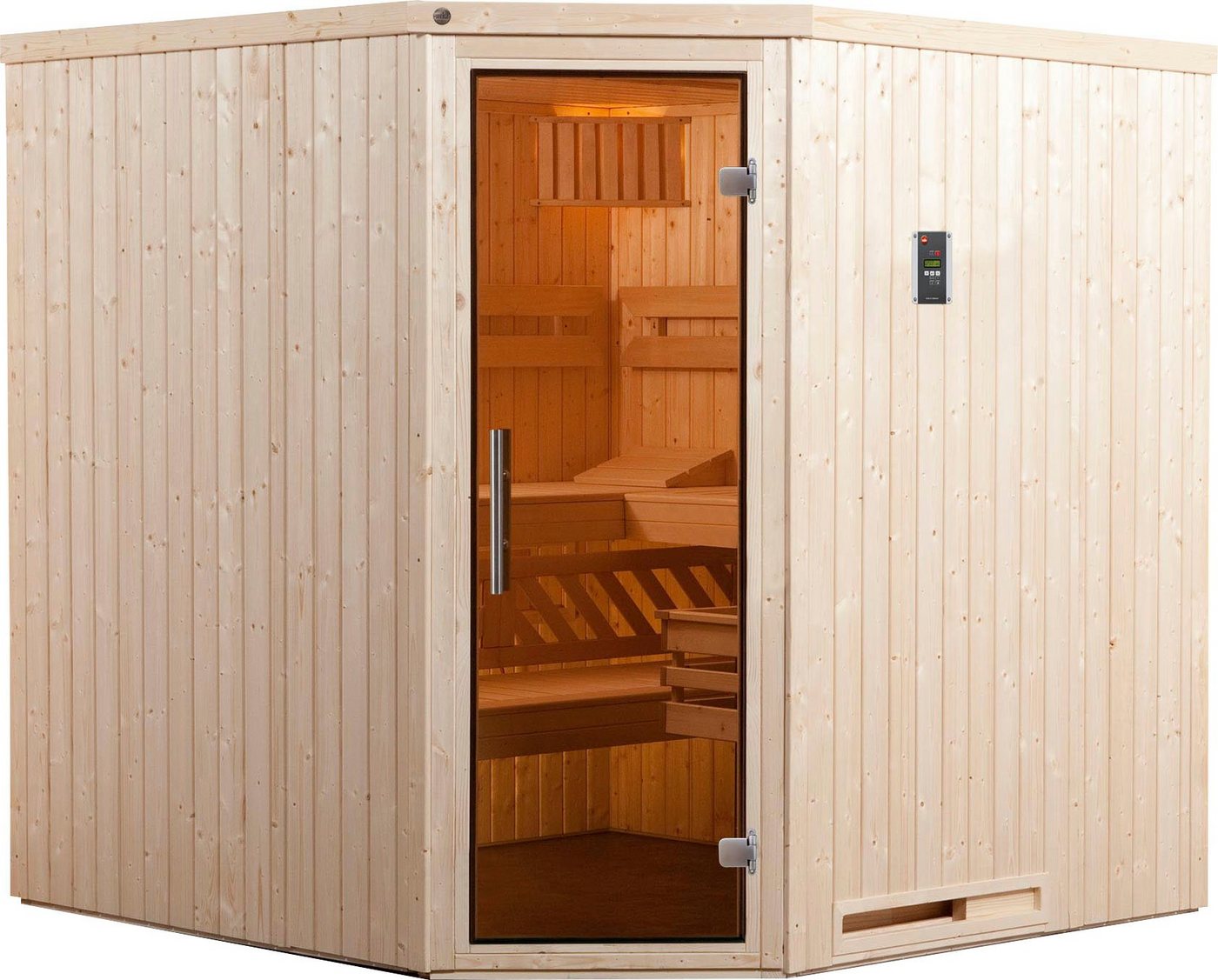 weka Sauna Varberg, BxTxH: 194 x 194 x 199 cm, 68 mm, (Set) 7,5 kW Bio-Ofen mit digitaler Steuerung von weka