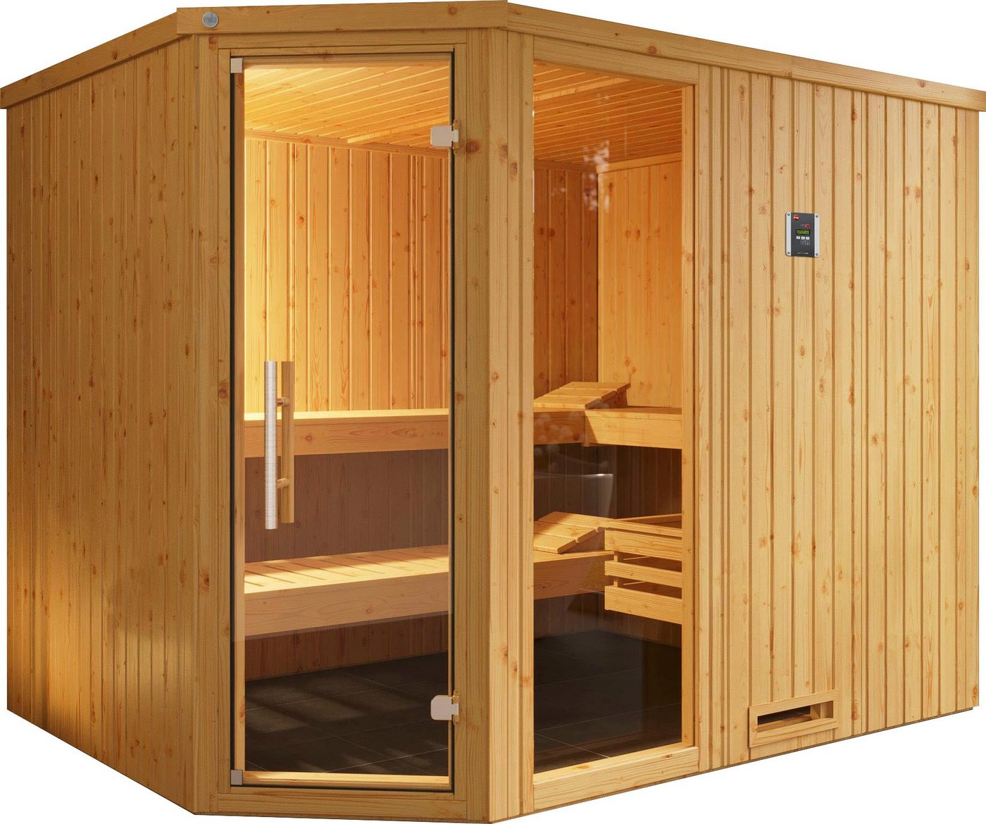 weka Sauna Varberg, BxTxH: 244 x 194 x 199 cm, 68 mm, (Set) 7,5 kW Bio-Ofen mit digitaler Steuerung von weka