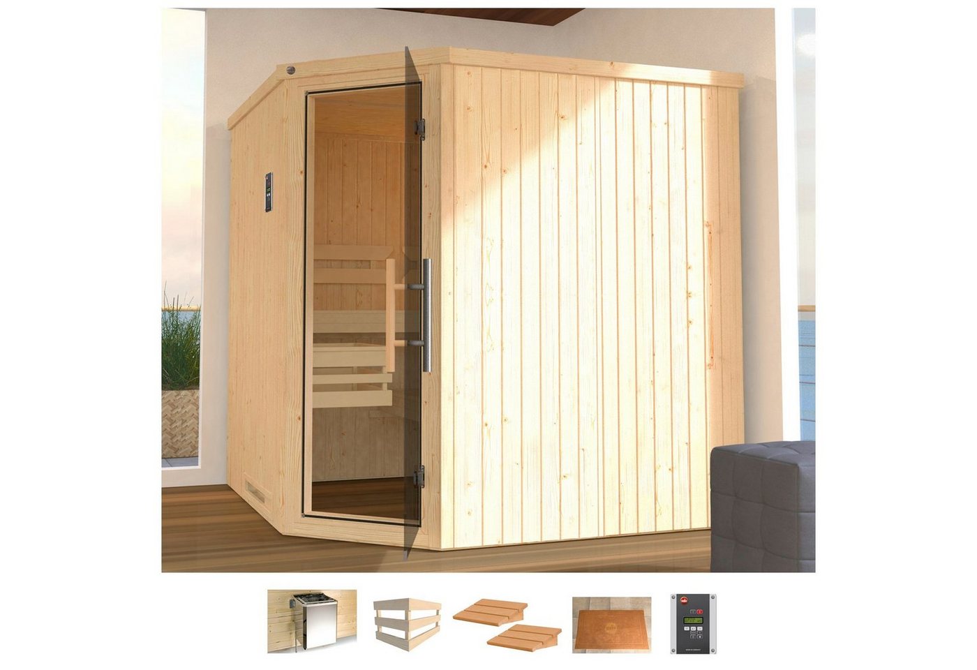 weka Sauna Varberg 3, BxTxH: 194 x 194 x 199 cm, 57 mm, 7,5 kW Bio-Ofen mit ext. Steuerung von weka