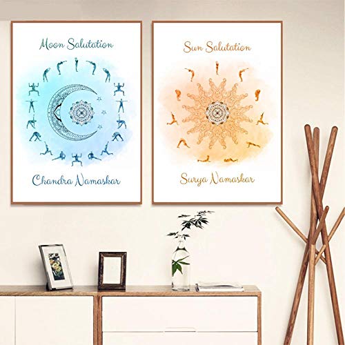 wekeke Wandmalerei Yoga Sonnengruß & Mondgruß Himmlische Poster und Drucke Yoga Studio Wandkunst Dekor Yoga Geschenk Kunst Leinwand Malerei-40X60Cmx2 STK. Rahmenlos von wekeke