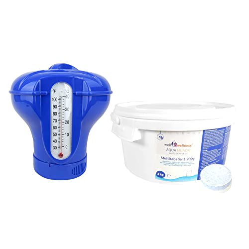 Aqua Munda Wasserpflege Premium Pool Multitabs 5in1 200g 3kg Plus Chlordosierer inkl. Thermometer für 200g Chlortabletten von well2wellness