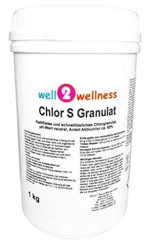 Chlorgranulat schnelllöslich zur Wasseraufbereitung 1,0 kg - zur Behandlung von Schwimmbadwasser - pH-neutral & Kalk frei - schnell lösliche Formel - 60% Aktivchlor Weiß von well2wellness