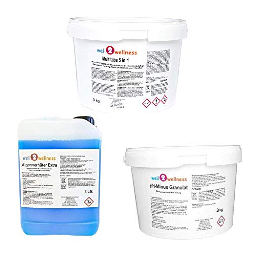 Pool Starterset Wasserpflege Set 3-teilig mit Chlor Multitabs 5in1 200g 3kg, pH-Minus Granulat 3kg und Algenverhüter Extra 3l von well2wellness