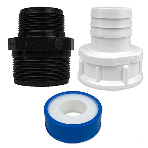 well2wellness® PVC Gewindemuffe AG x AG (2" x 1"1/2) + Druckschlauchtülle IG x Schlauchanschluss gerippt (1"1/2 x 38 mm) und Teflonband von well2wellness