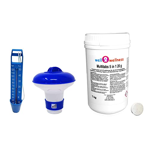 well2wellness® Poolzubehör Set/Pool Starter Set A Basic 3-teilig mit 1kg Multitabs 5in1 20g, Thermometer blau + Dosierer von well2wellness