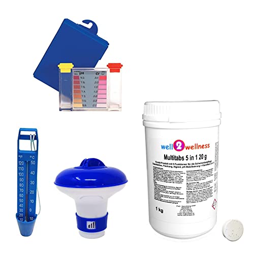 well2wellness® Poolzubehör Set/Pool Starter Set B Premium 4-teilig mit 1kg Multitabs 5in1 20g, Thermometer blau, Dosierer + Test Kit von well2wellness