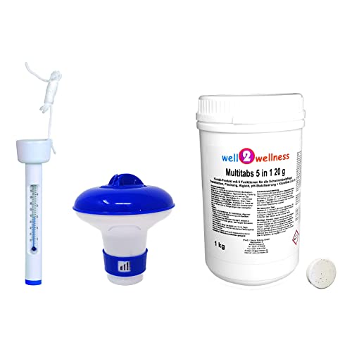well2wellness® Poolzubehör Set/Pool Starter Set C Basic 3-teilig mit 1kg Multitabs 5in1 20g, Thermometer Schwimmkopf + Dosierer von well2wellness