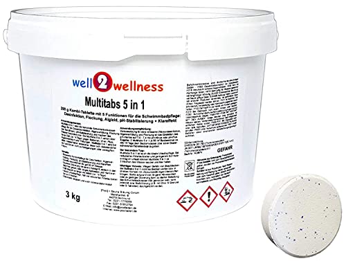 well2wellness Chlor Multitabs 200g 3,0 kg | Schützt Pooloberfläche | Langsamlöslich | 5 Wirkungen in 1 Tablette | Langanhaltende Wirkung | Multifunktionstabletten | Reinigungstablette von well2wellness
