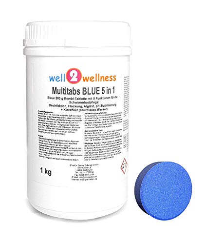 well2wellness Multitabs Blue 5in1 200g 1,0 kg | Chlor Tabletten | Langsamlöslich | 5 Wirkungen in 1 Tablette | Langanhaltende Wirkung | Multifunktionstabletten | Reinigungstabletten von well2wellness