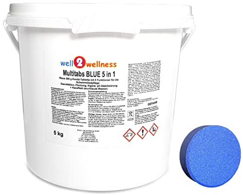 well2wellness Multitabs Blue 5in1 200g 5,0 kg | Chlor Tabletten | Langsamlöslich | 5 Wirkungen in 1 Tablette | Langanhaltende Wirkung | Multifunktionstabletten | Reinigungstabletten von well2wellness