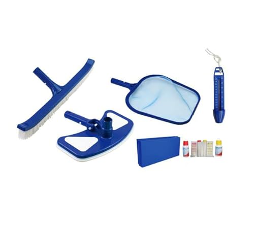 well2wellness Pool Zubehör Set 1 Basic 5-teilig mit Laubkescher, Thermometer, Bodensauger, Beckenbürste Plus Test-Kit für Chlor + pH (P1860) von well2wellness