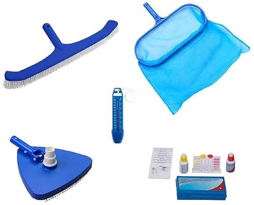 well2wellness Pool Zubehör Set 2 Basic 5-teilig mit Bodenkescher, Thermometer, Bodensauger Dreieck, Beckenbürste Plus Test-Kit für Chlor + pH (P1861) von well2wellness