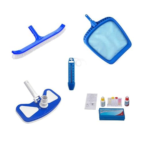 well2wellness Pool Zubehör Set 4 Basic 5-teilig mit Laubkescher, Thermometer, Bodensauger, Beckenbürste Plus Test-Kit für Chlor + pH (P1879) von well2wellness