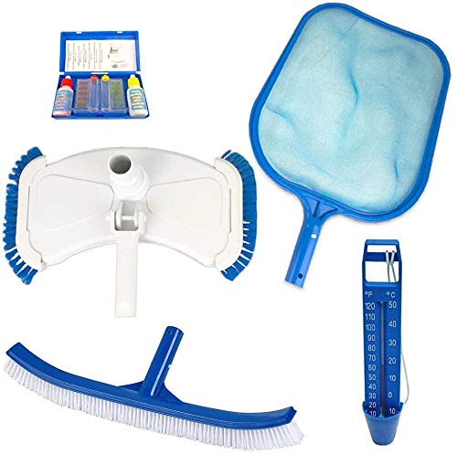 well2wellness Pool Zubehör Set 6 Basic 5-teilig mit Laubkescher, Thermometer, Bodensauger, Beckenbürste + Test-Kit Chlor/pH (P1869BX) von well2wellness