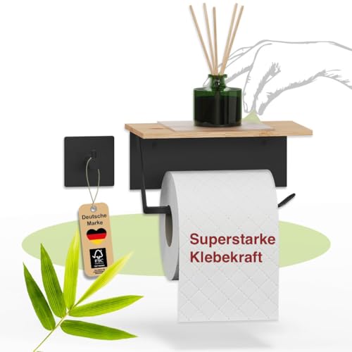 welldoo® Bambus Toilettenpapierhalter mit Ablage ohne Bohren | Klorollenhalter Plus Klebehaken antirutsch Pad | FSC Zertifiziert | Klopapierhalter zum Kleben oder zum Bohren | WC Rollenhalter von welldoo