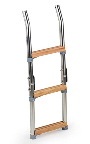 Wellenshop Badeleiter Bootsleiter 3-stufig für Badeplattform Edelstahl Holz klappbar Klappleiter Boot Leiter von wellenshop