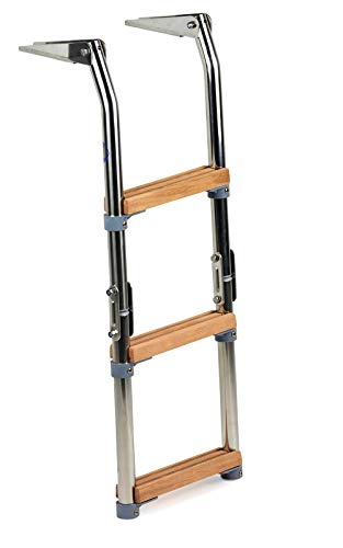 Wellenshop Bootsleiter Badeleiter 3-stufig Edelstahl Holz-Stufen klappbar Klappleiter Boot Leiter von wellenshop