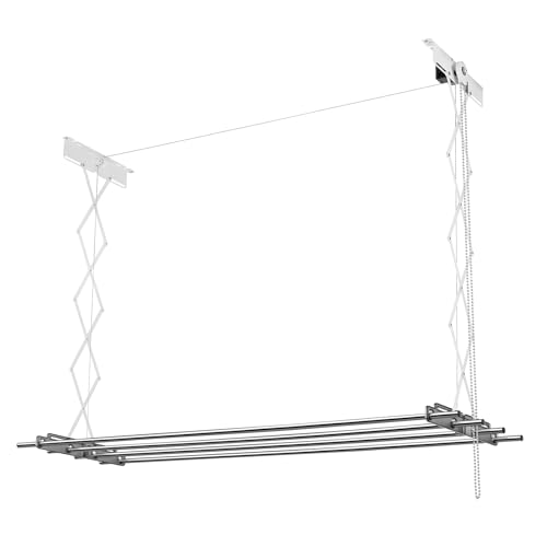 wellex Deckenwäschetrockner mit 4 Rohren je 180 cm Wäschetrockner für die Decke Edelstahl Robust mit 1 Set von Halterungen von wellex
