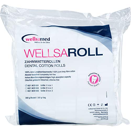 wellsamed wellsaroll Zahnwatterollen Größe 1 (~ 8 mm), 300g Dental Watterollen, Verbandwatte aus 100% Baumwolle, Cotton Rolls hochweiß von wellsamed