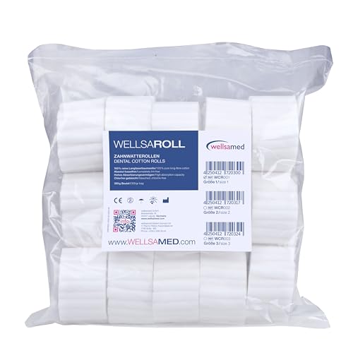 wellsamed wellsaroll Zahnwatterollen Größe 1 (~ 8 mm), 300g Dental Watterollen, Verbandwatte aus 100% Baumwolle, Cotton Rolls hochweiß von Wellsamed