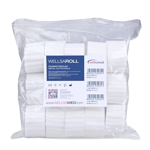 wellsamed wellsaroll Zahnwatterollen Größe 1 (~ 8 mm), 300g Dental Watterollen, Verbandwatte aus 100% Baumwolle, Cotton Rolls hochweiß von wellsamed