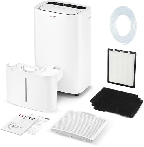 Welltec DHN30 Luftentfeuchter | max. 30 l/24h | für Räume von 60 m² | Luftreiniger mit HEPA H13-Filter | Kondensatablasspumpe | WLAN | großer Tank (6 Liter) | Swing-Modus | Luftstrom max. 350 m³ / h von welltec