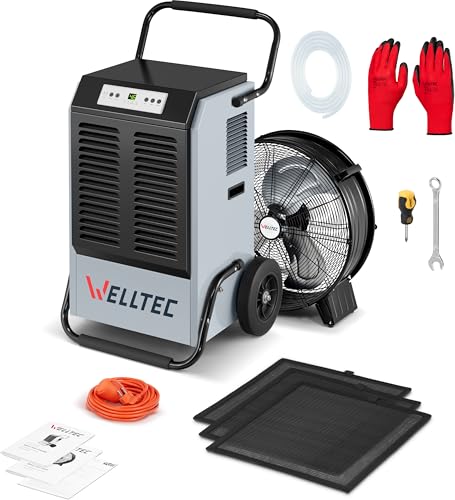 Welltec DHX50 Pro Luftentfeuchter | max. 50 l/24h | für Räume von 140 m² | Luftstrom max. 450 m³/h | mit Industrieventilator Welltec FX20 von welltec