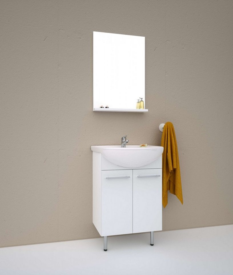 welltime Badezimmer-Set Quadro, (Komplett-Set, 2-St., Spiegel, Waschtisch incl. Waschbecken), 2 in1, bestehend aus Waschtisch und Spiegel mit Ablage von welltime
