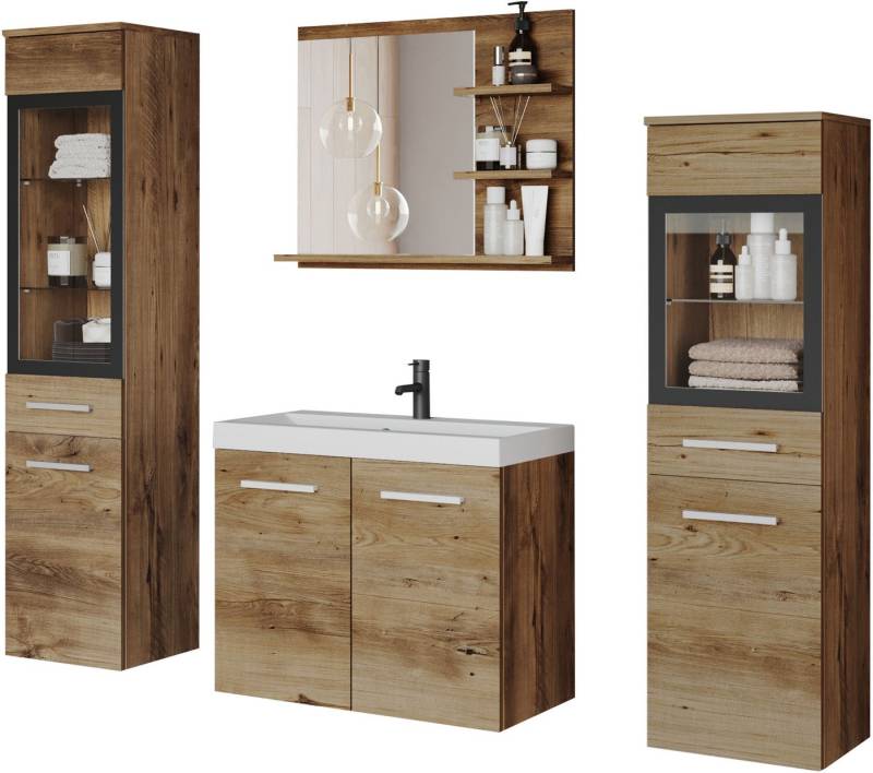 welltime Badmöbel-Set MADRIT, (Komplett-Set, 5-St., mit Waschbecken), Waschtisch inkl. Waschbecken, Badschrank, Hochschrank, Spiegel von welltime