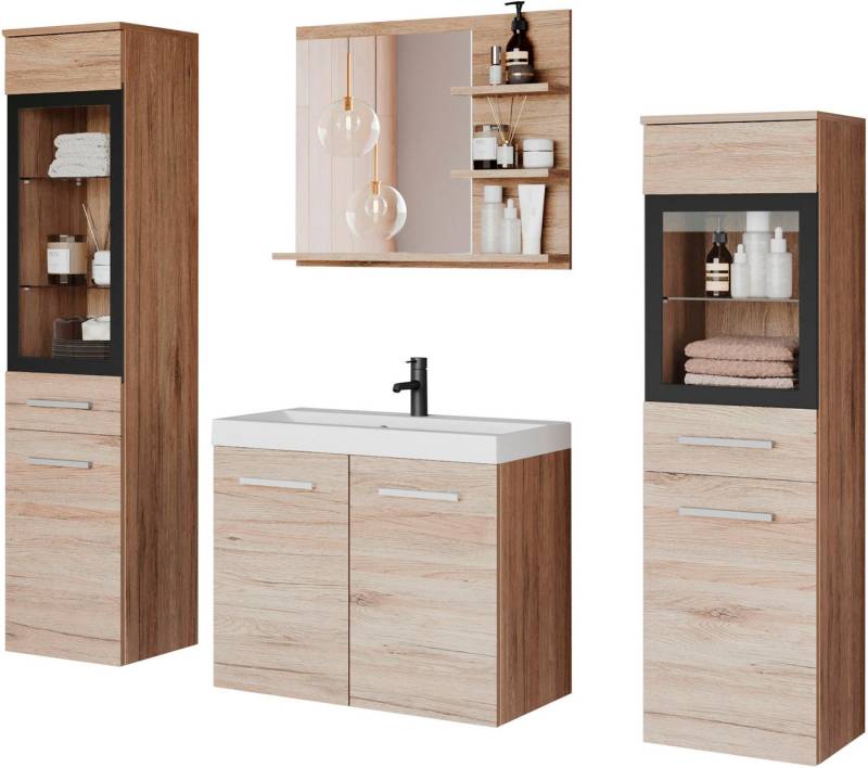 welltime Badmöbel-Set MADRIT, (Komplett-Set, 5-St., mit Waschbecken), Waschtisch inkl. Waschbecken, Badschrank, Hochschrank, Spiegel von welltime