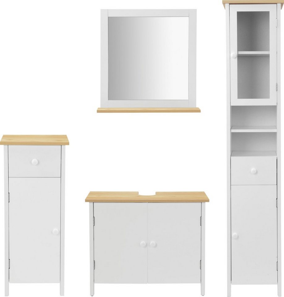 welltime Badmöbel-Set Amrum Badschrank, Hochschrank Komplettset, (Komplett-Set, 4-St., 4 teilig), Badezimmer Möbel Set, Waschbeckenunterschrank, Spiegel von welltime