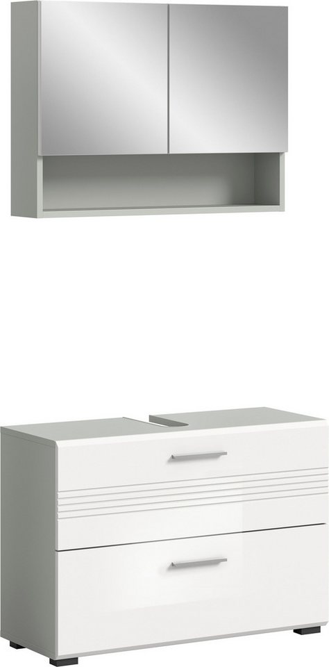 welltime Badmöbel-Set Calicio, bestehend aus: Waschbeckenunterschrank, Spiegelschrank, (2-St), hochwertige MDF Front mit Rillenfräsung von welltime