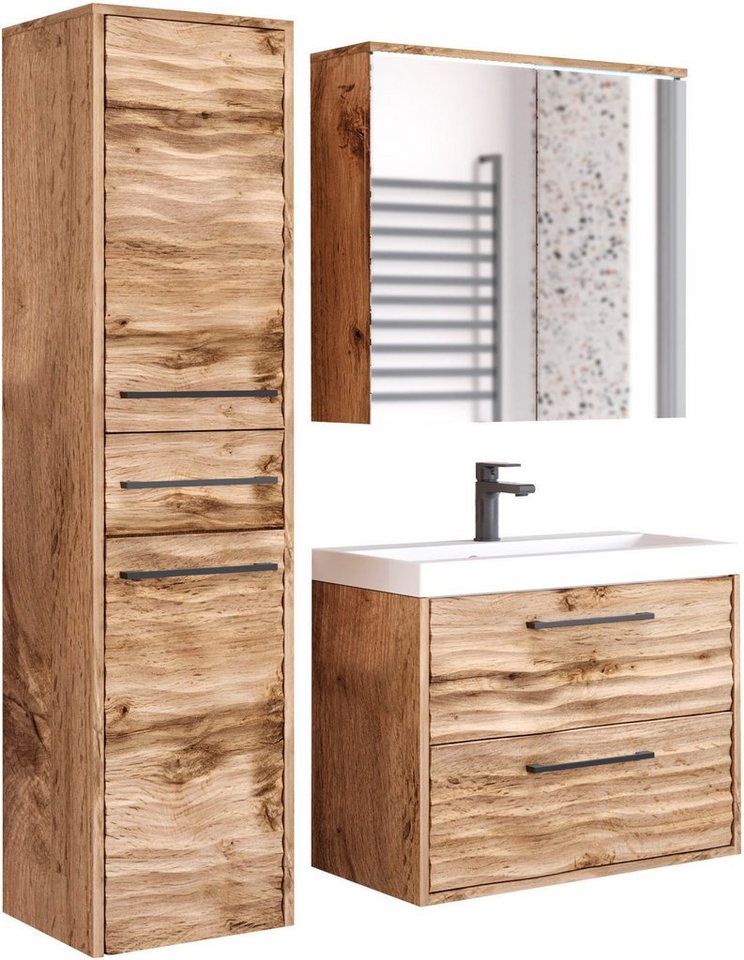 welltime Badmöbel-Set Canada - Fronten mit Wellenstruktur, (Komplett-Set, 3-St., Fronten mit Wellenstruktur), Badmöbel mit Soft-Close, Spiegelschrank, Waschtisch mit Becken von welltime