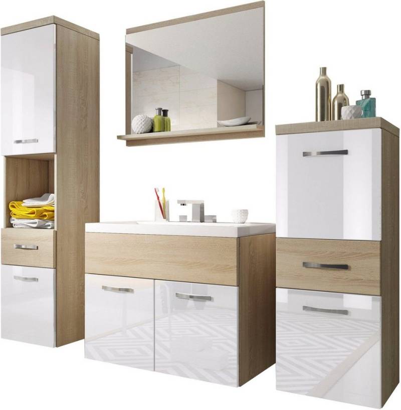 welltime Badmöbel-Set ELDA, (Komplett-Set, 5-St), Waschtisch inkl. Waschbecken, Hochschrank, Badschrank und Spiegel von welltime