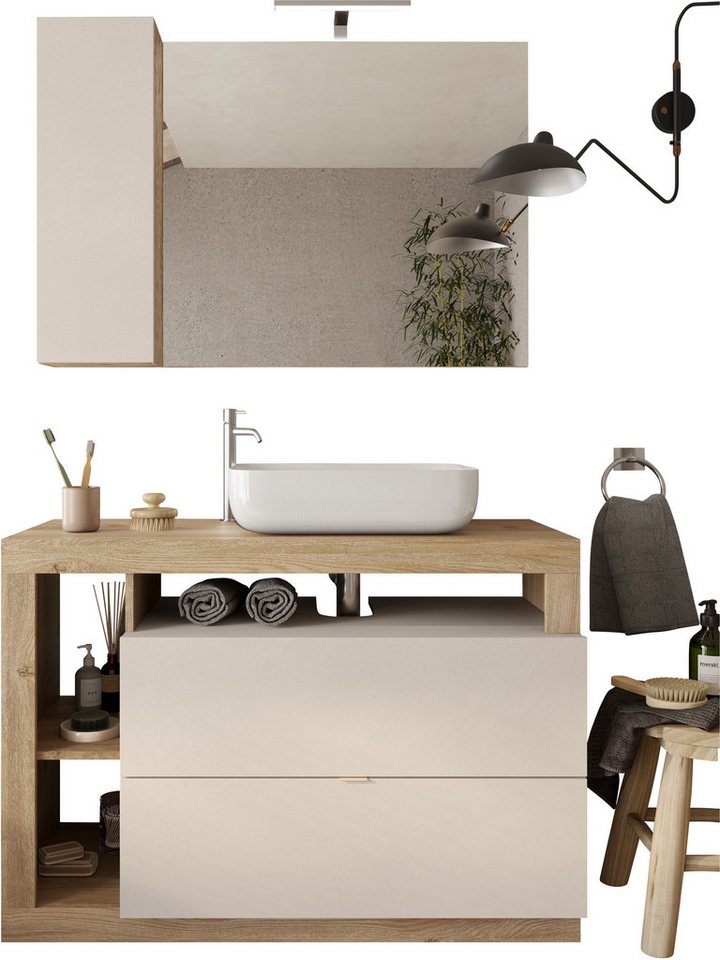 welltime Badmöbel-Set Hamburg, Badezimmerset 2tlg. Breite 110 cm, Badmöbel, Waschtisch inkl., (Spar-Set, 2-St), Waschbecken, Spiegelschrank mit LED Aufbauleuchte, Soft-Close-Funktion von welltime